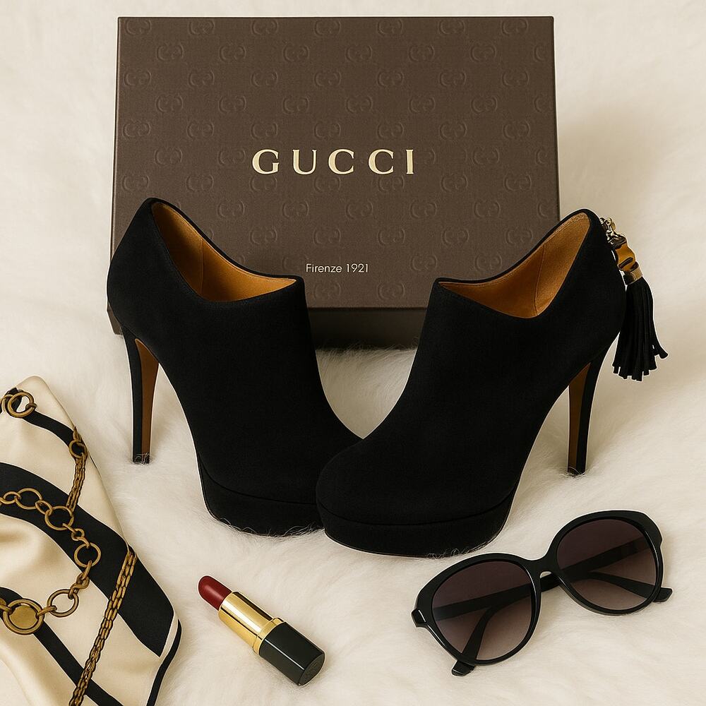 Gucci Betty High Heel Platform Bootie Size 36.5 | 6.5 Black Suede Bamboo Tassel - Picture 1 of 16